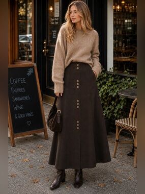 Vintage Natankel Paris  Dark Brown Button Front Detail A-Line Skirt